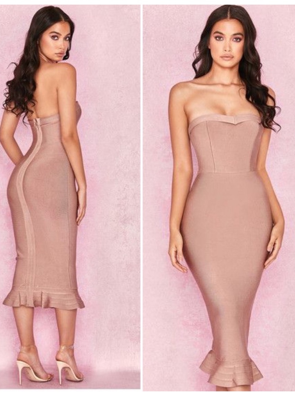 HOUSE OF CB Fabrizia Pink Blush Bandage Strapless Fluted Hem Dress Midi Medium